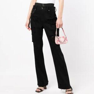 NEW RTA Distressed Double Waistband Jeans Size 25 Black Denim Straight Leg NWT